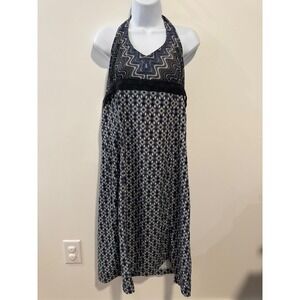 Athleta Halter Maxi Dress Geometric Print Smocked Waist Black Blue Womens 16